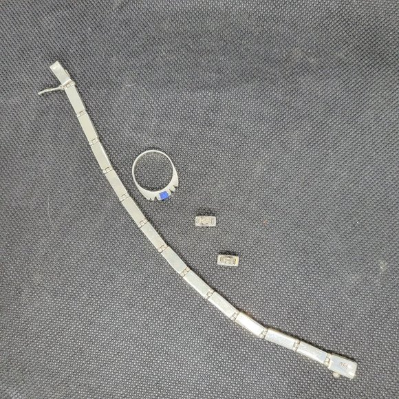 Vtg Morita Gil Sterling Silver Lapis Bracelet in Box and unmarked Earrings/Ring - Picture 4 of 11